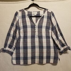 Liz Claiborne M Top Linen Cotton Blend Blue White Plaid Popover Preppy Coastal